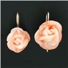 Image 2 : Vintage 14k Yellow Gold Carved Pink Angel Skin Coral Rose Flower Drop Earrings