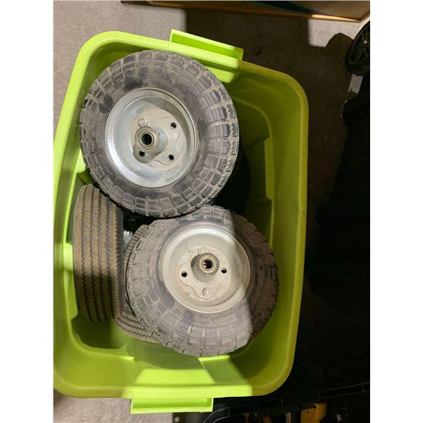 Rubbermaid Bin of Wagon Tires & Mounts