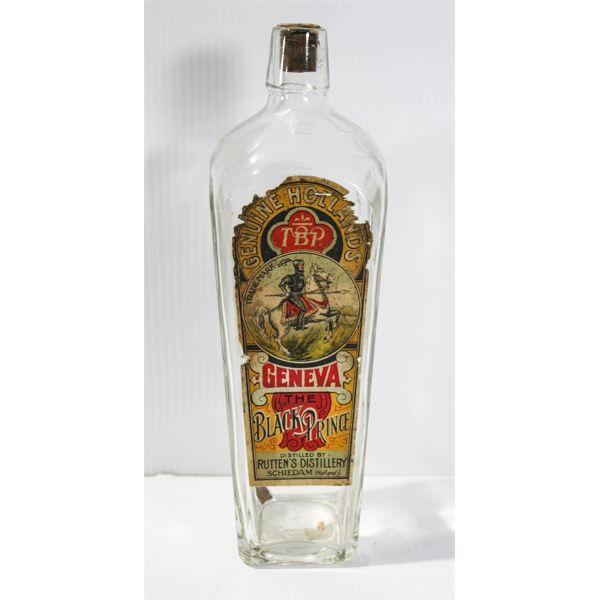 ANTIQUE PAPER LABEL "THE BLACK PRINCE" GENEVA GIN BOTTLE