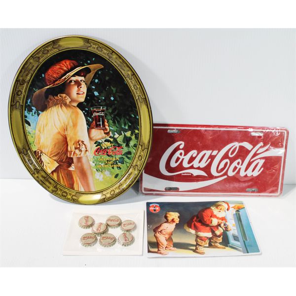 COCA COLA TRAY, LICENSE PLATE 1960S CAPS, METAL SIGN