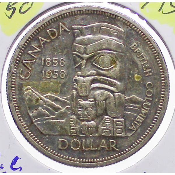 1958 B.C. CANADA TOTEM POLE SILVER DOLLAR
