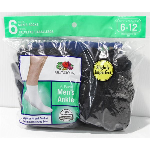 FRUIT OF THE LOOM MEN'S BLACK ANKLE SOCKS