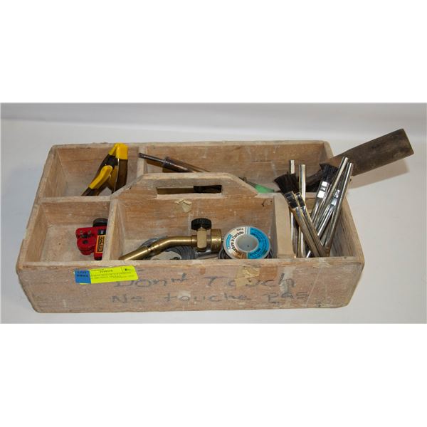 HANDYMAN BOX OF SOLDERING IRONS, BRUSHES, SPOOLS