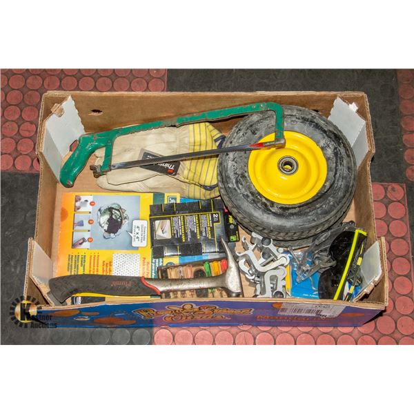 FLAT OF MISC TOOLS & HARDWARE INCLUDING WHEELS