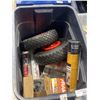 Image 2 : TOTE WITH DOLLY WHEELS, ASORTED CHAINSAW LUBES AND OILS, SPLITTING WEDGE ETC