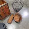 Image 2 : ANTIQUE WOOD SHIPPING CRATE, MILK JUG CRATE, WIRE BASKETS AND SMALL STOOL