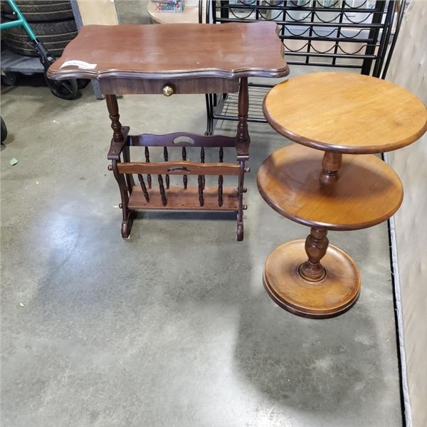 ANTIQUE MAGAZINE RACK AND 2 TIER PARLOUR TABLE