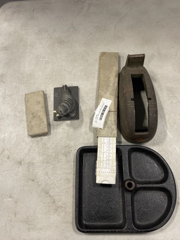 CAST IRON TAPE DISPENSER, CAST IRON BASE, VINTAGE RULER IN CASE, AND ...