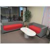 Image 1 : Lobby Furnishings w/Grey/Red Cloth Sofa, 2 Loveseats, Coffee Table,Coat Rack, Floral Tree