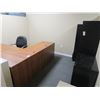 Image 1 : Oak Style Desk w/Return, Chair, 3 Lateral/Standard File Cabinets, Monitor In Cube