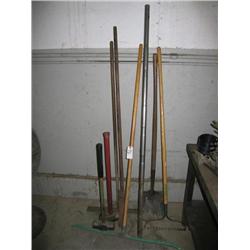 (2) Sledge Hammers, Rake, Shovel & Pry Bars