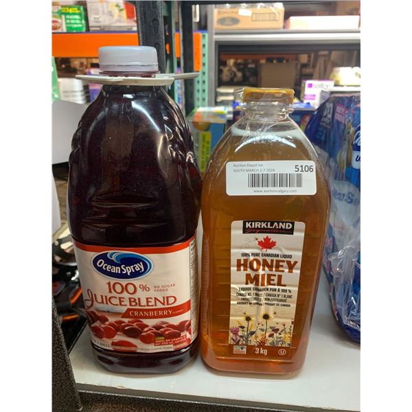 Assorted lot of Kirkland honey 3kg and Ocean spray Cranberry juice