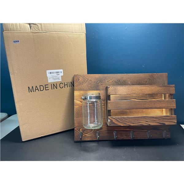 Lot of 1 Wooden Wall-Mounted Key Hanger Rack w/ Mason Jar - 16inch