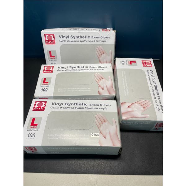 Lot of 4 Boxes of Large Size Vinyl Synthetic Exam Gloves - 100 Gloves Per Box!