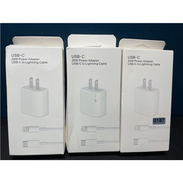 Lot of 3 Packs of USB-C to Lightning Cable 20W Fast Chargers (Cable and Wall Block)