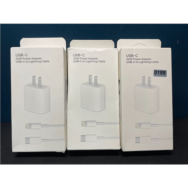 Lot of 3 Packs of USB-C to Lightning Cable 20W Fast Chargers (Cable and Wall Block)