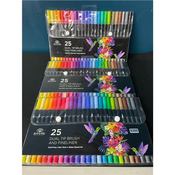 Lot of 3 Multi-Packs of Art-n-Fly Dual Tip Brush & Fineliner Markers - 25PCS/Colours Per Pack!