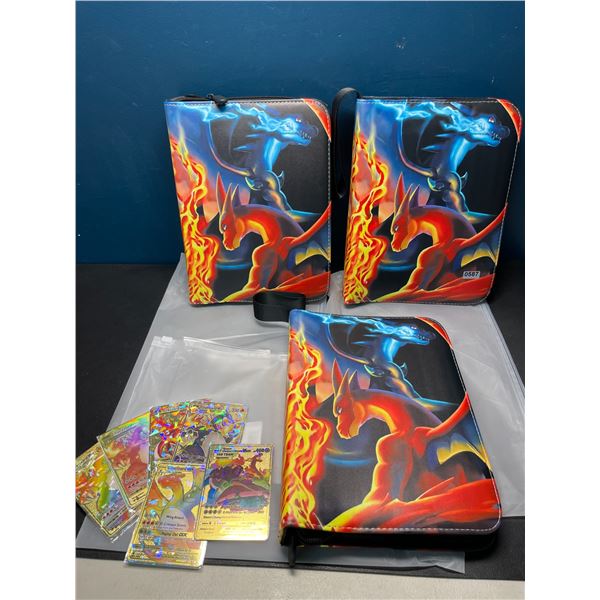 Lot of 3 Leather Pokemon Premium Card Binders - Charizard Design - w/ 6 Gold Metal Fan Art Cards