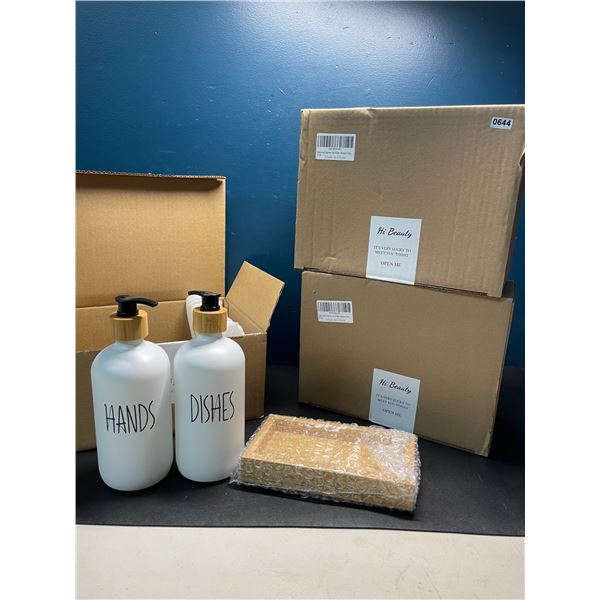 Lot of 3 Soap/Bathroom Dispenser Sets - 2 Bottles/bamboo Soap Tray per Set!