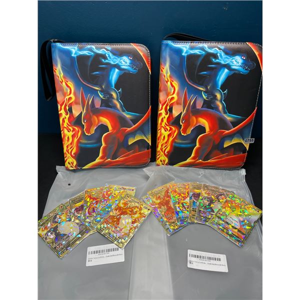 Lot of 2 Leather Pokemon Premium Card Binders - Charizard Design - w/ 6 Gold Metal Fan Art Cards