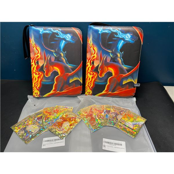 Lot of 2 Leather Pokemon Premium Card Binders - Charizard Design - w/ 6 Gold Metal Fan Art Cards