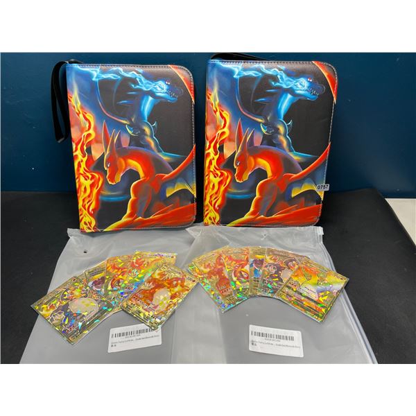 Lot of 2 Leather Pokemon Premium Card Binders - Charizard Design - w/ 6 Gold Metal Fan Art Cards