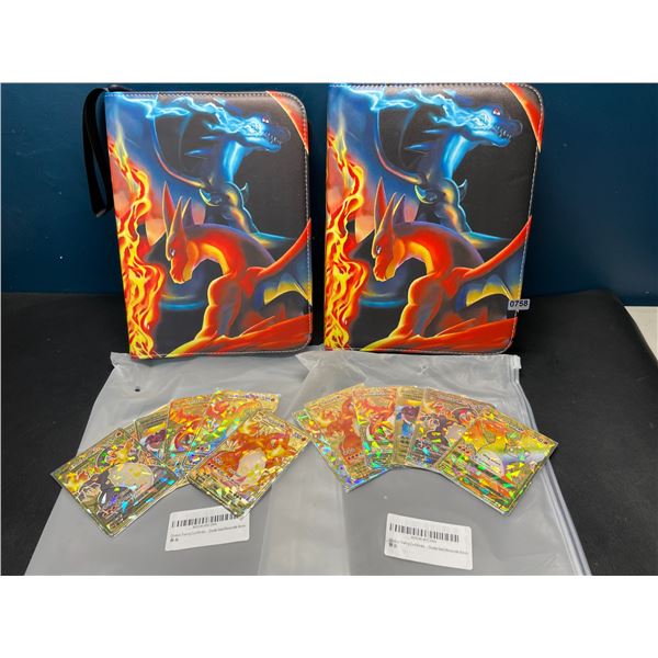 Lot of 2 Leather Pokemon Premium Card Binders - Charizard Design - w/ 6 Gold Metal Fan Art Cards