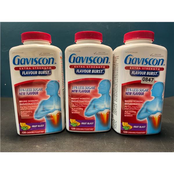 Lot of 3 Gaviscon Extra Strength - For Acid Reflux & Heartburn - 120 Tabs Each - Fruit Blast