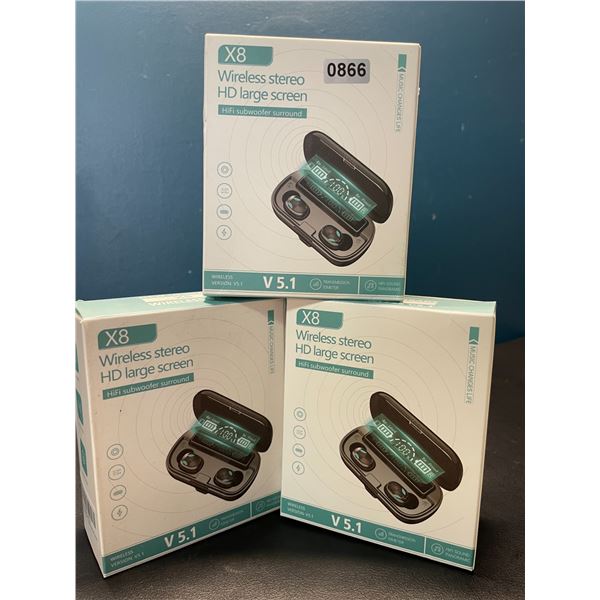 Lot of 3 Pairs of X8 Wireless Bluetooth Earbuds - Brand New!
