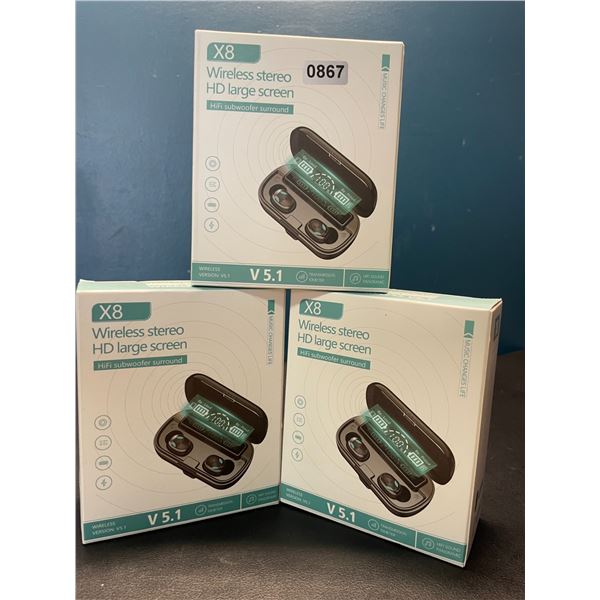 Lot of 3 Pairs of X8 Wireless Bluetooth Earbuds - Brand New!