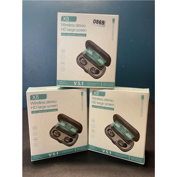 Lot of 3 Pairs of X8 Wireless Bluetooth Earbuds - Brand New!