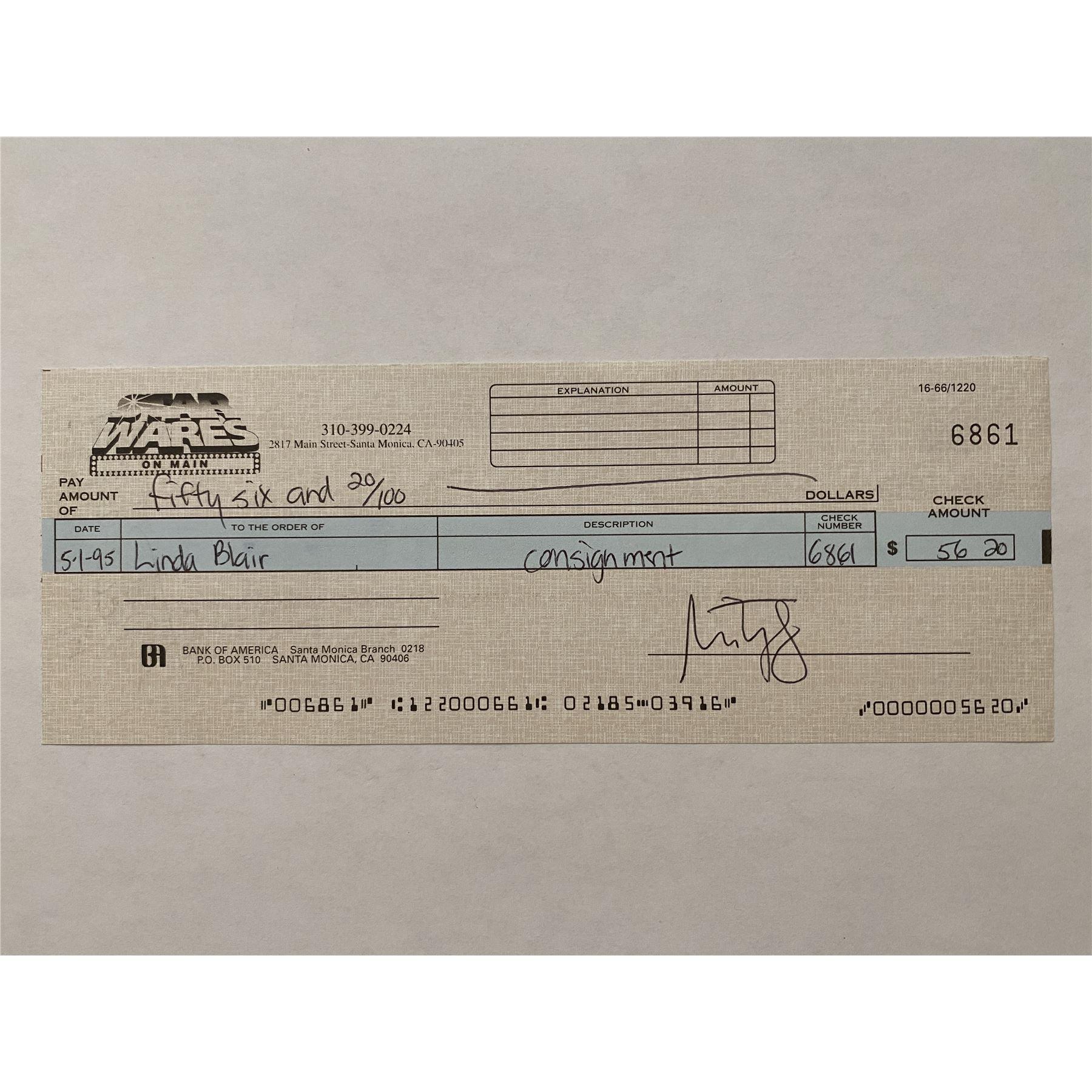 Linda Blair Star Wares consignment signed check
