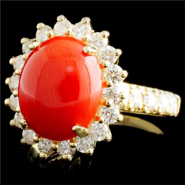 2.50ct Coral & 1.20ctw Diamond Ring in 14K Gold