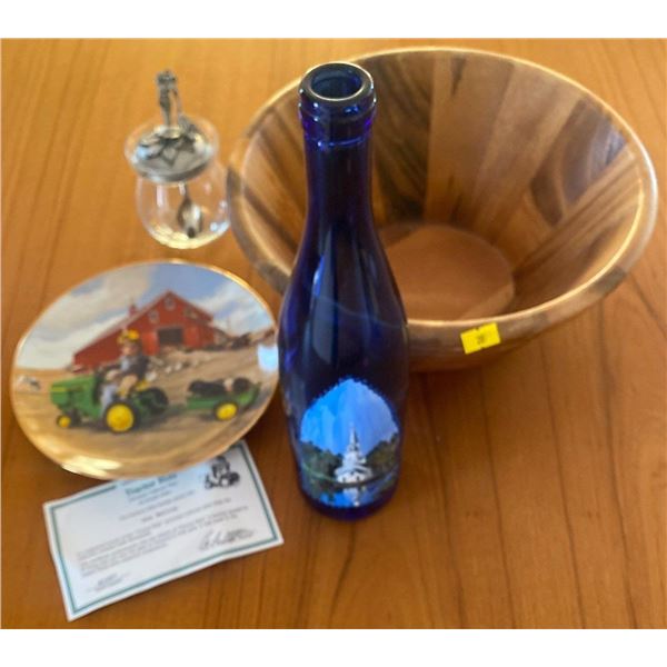 Wood Salad Bowl Blue Antique Bottle Tractor Ride John Deere Plate