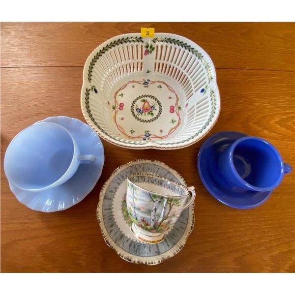 Royal Albert Silver Birch Pyrex Blue Glass Teacup Collection