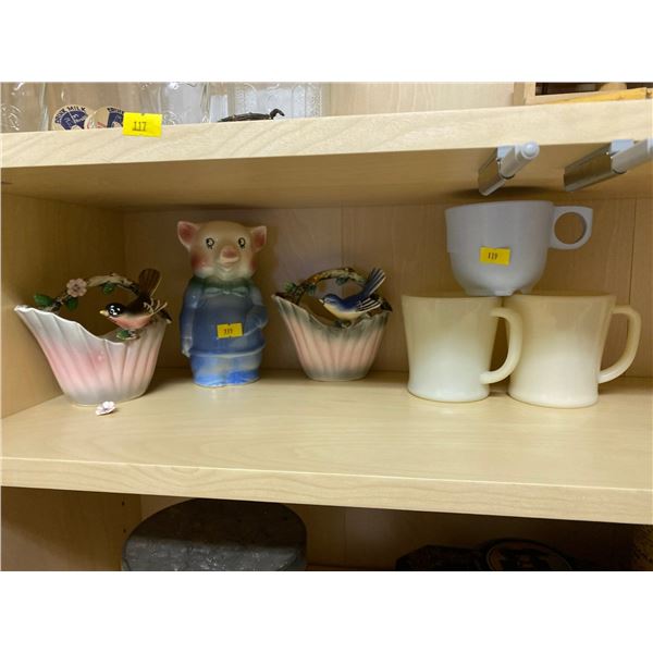 Piggy Bank & Bird Dishes - Flower Fell Off One - Pyrex Melmac Cup