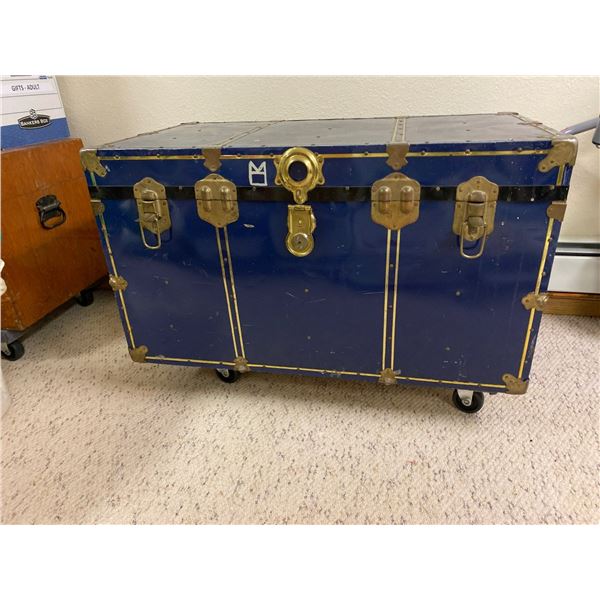 Large Blue Metal  & Brass Trunk 36L x 20D x 25H