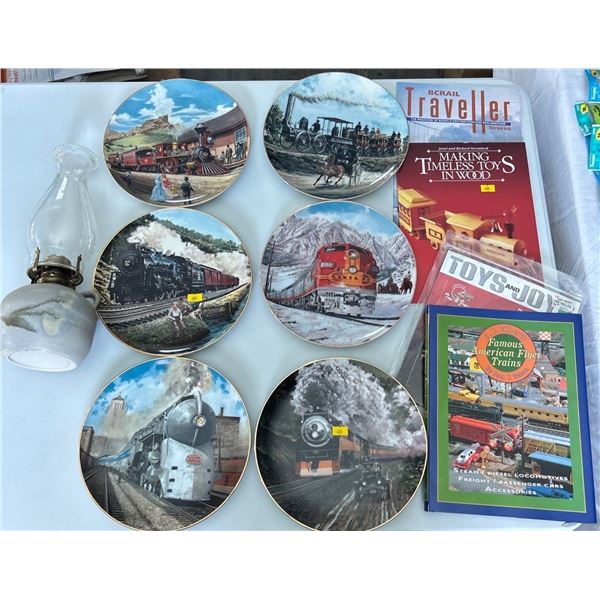 Six Railway Related Collectible Plates & Vintage Oil Lamp