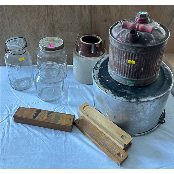 Antique Collectibles  Jars, Gas Can, Wooden Boxes