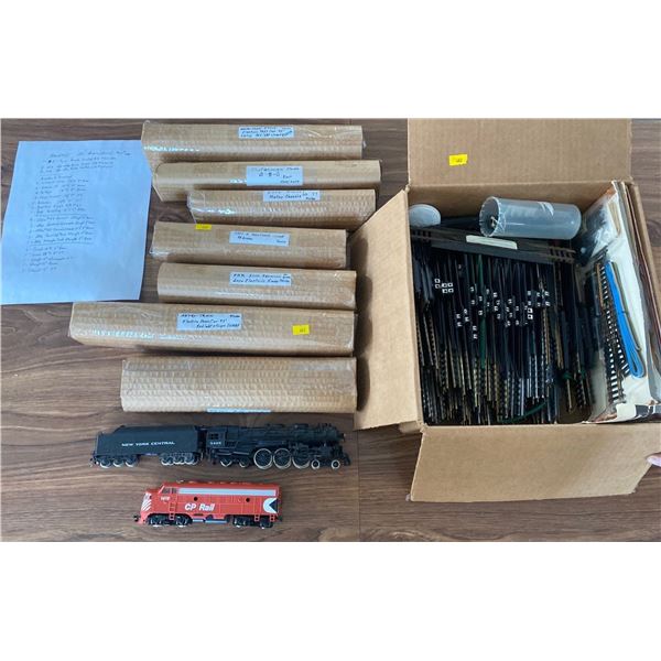 Box Of Model Train Supplies  Tracks, Engines, Box Cars, Freight Cars CP Rail & more