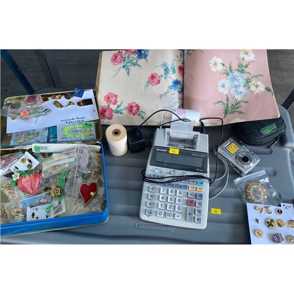 Electric Calculator, SonyCybershot Digital Camera & small pin collection w/ a few broches
