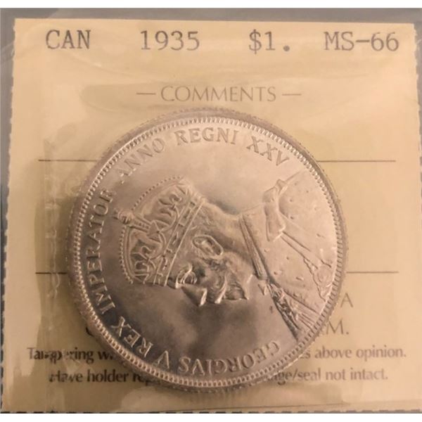 1935 King George V Canadian Silver Dollar ICCS-MS-66 Blast White