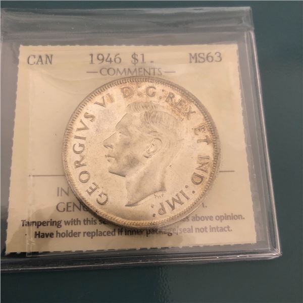 1946 King George VI Canadian Silver Dollar ICCS-MS63