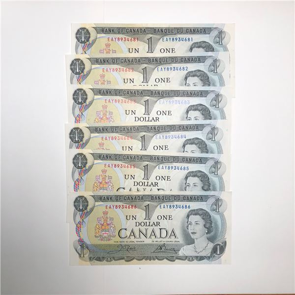 6 Consecutive Numbered1973 Canadian 1 Dollar Notes