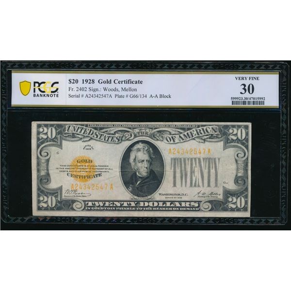 1928 $20 Gold Certificate PCGS 30