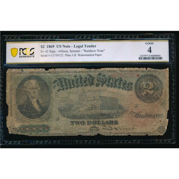1869 $2 Legal Tender Note PCGS 4