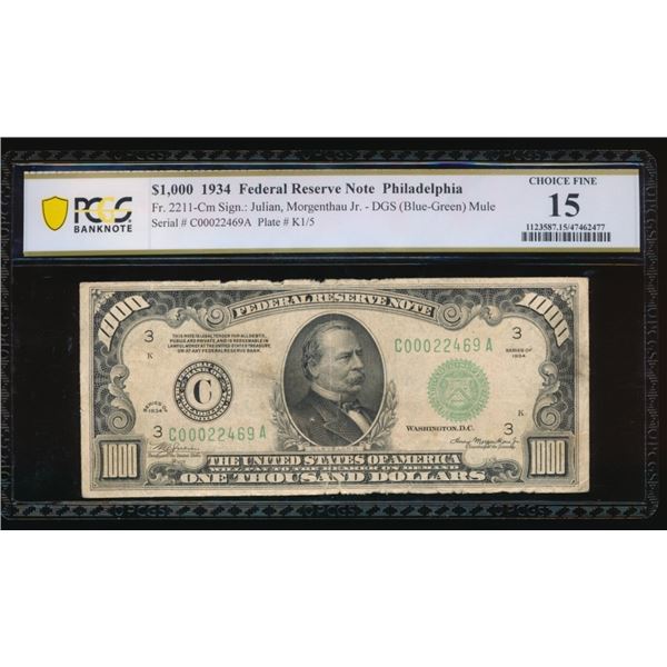 1934 $1000 Philadelphia FRN PCGS 15