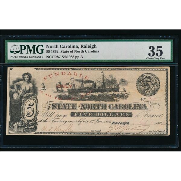 1862 $5 Raleigh NC Obsolete PMG 35
