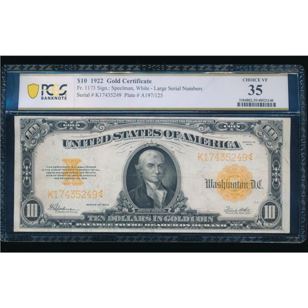 1922 $10 Gold Certificate PCGS 35