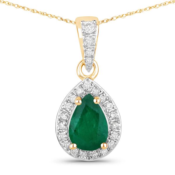 14KT Yellow Gold 0.77ctw Zambian Emerald and White Diamond Pendant